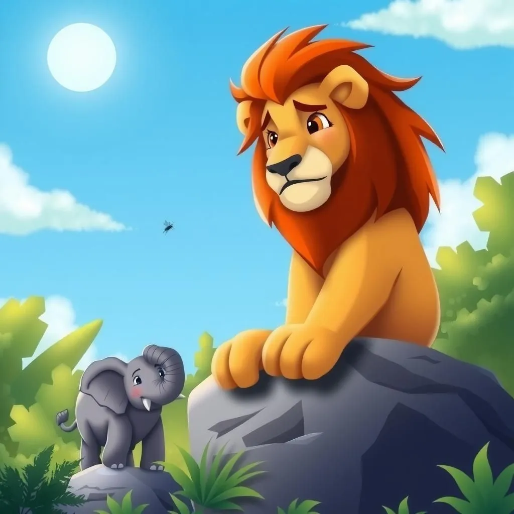 Il Leone Giove e l'Elefante - Aesop's Fable illustration featuring Leone and Giove