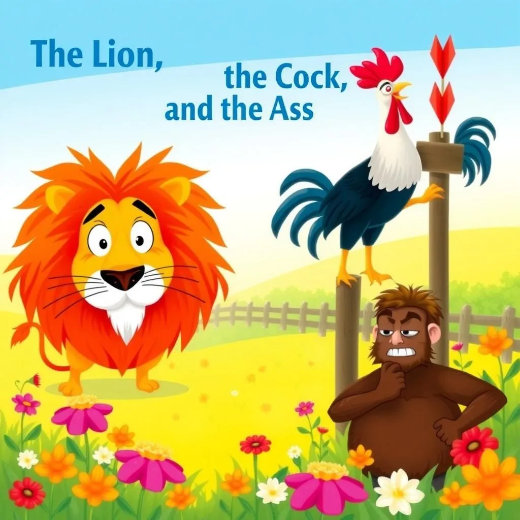 సింహం, కోడి మరియు గాడిద. - Aesop's Fable illustration about ధైర్యం, అవగాహన, అహంకారం