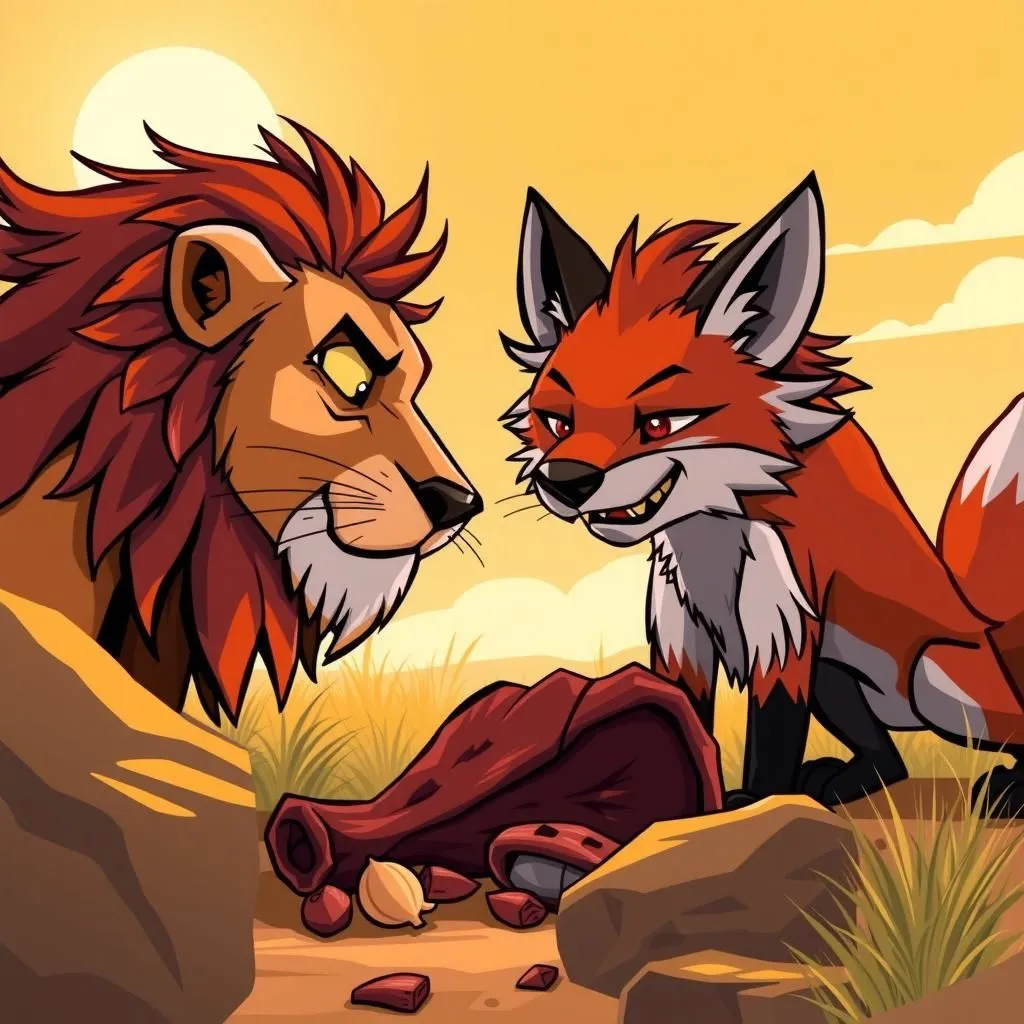 Il leone, la volpe e l'asino. - Aesop's Fable illustration featuring Leone and Volpe