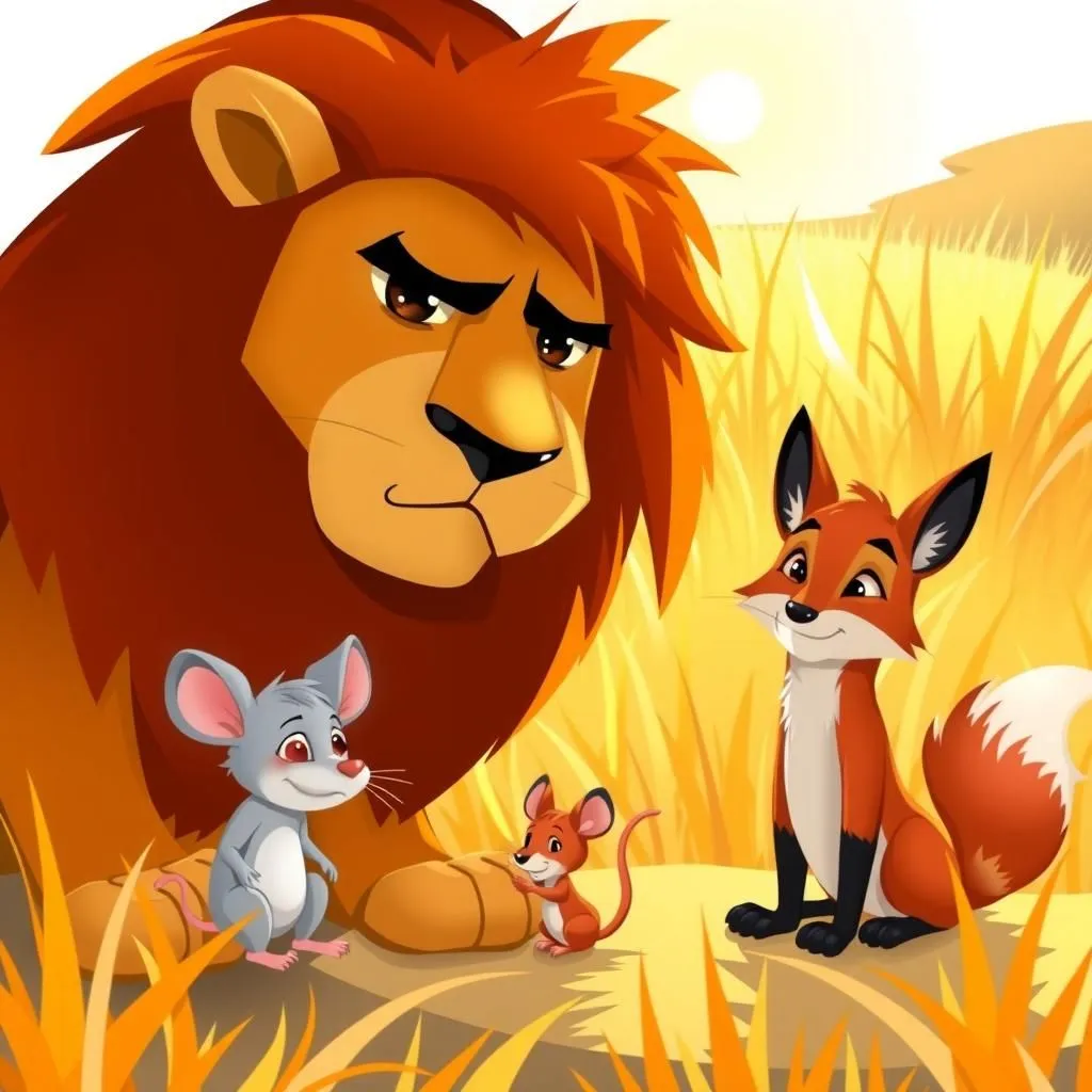 Il leone, il topo e la volpe. - Aesop's Fable illustration featuring Leone and Topo
