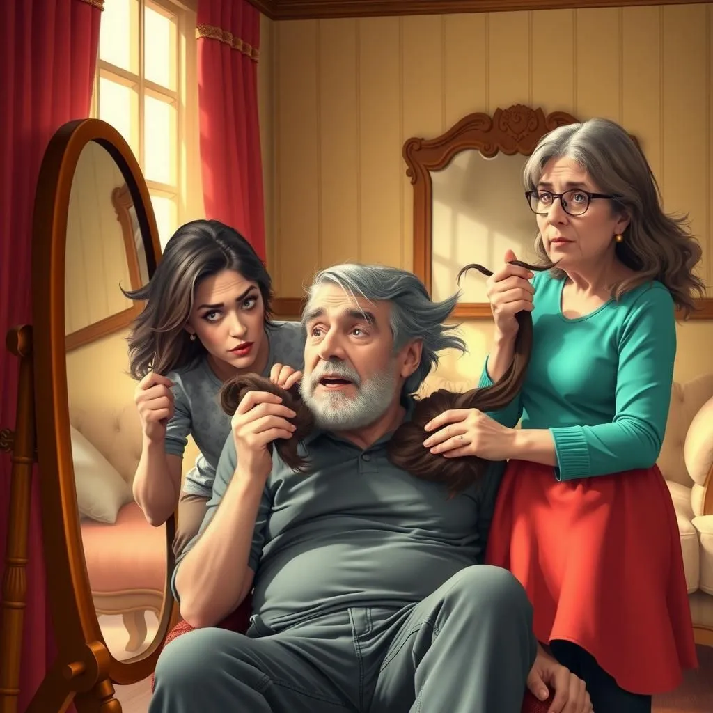 మనిషి మరియు అతని ఇద్దరు ప్రియురాళ్ళు. - Aesop's Fable illustration featuring మధ్య వయస్కుడు and యువతి