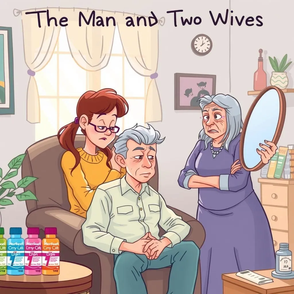 మనిషి మరియు అతని ఇద్దరు భార్యలు - Aesop's Fable illustration featuring మనిషి and యువతి భార్య