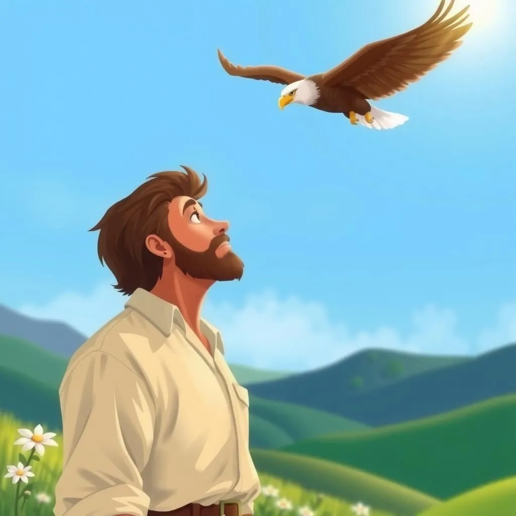 L'uomo e l'aquila. - Aesop's Fable illustration featuring animal characters