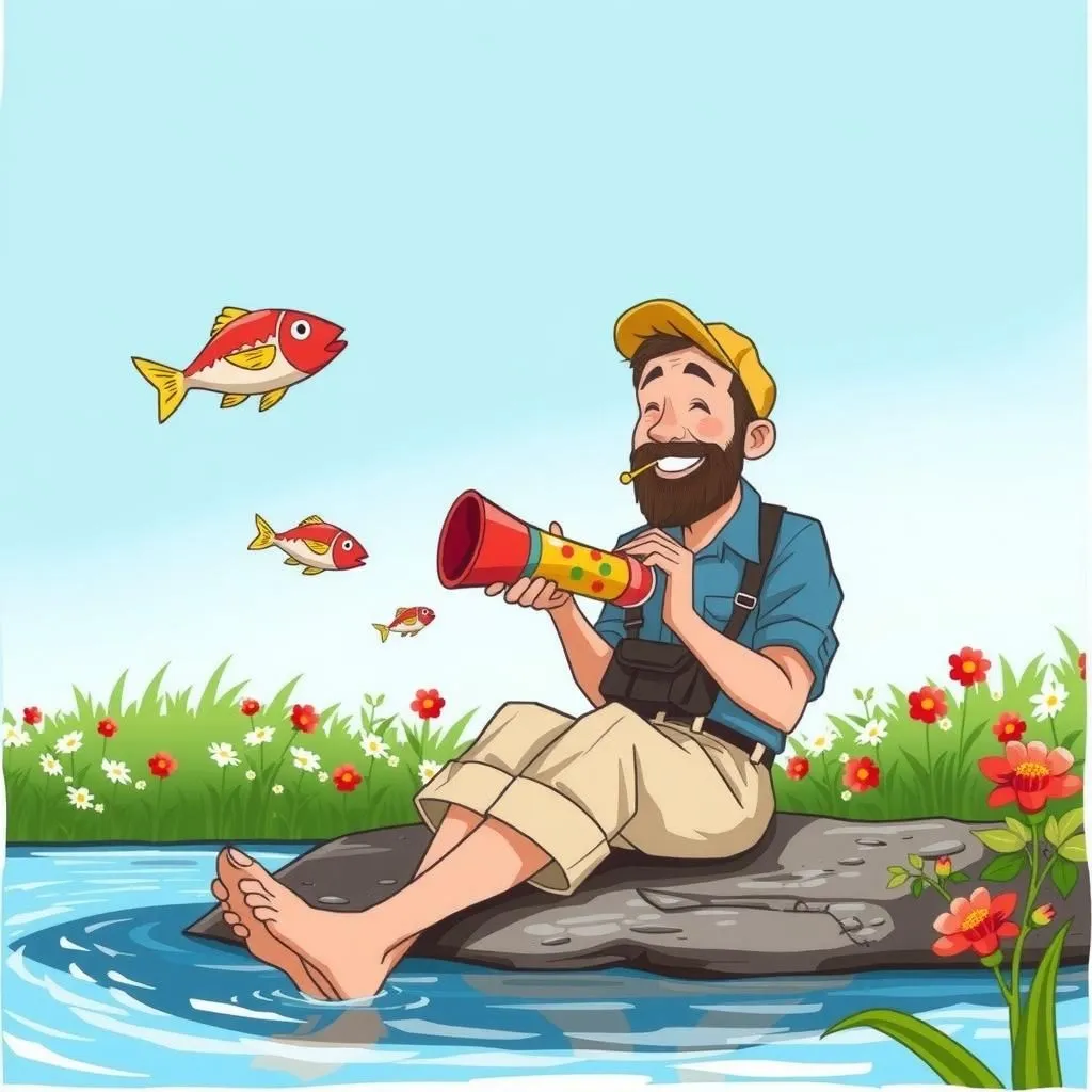 L'uomo e il corno da pesca. - Aesop's Fable illustration about onestà, ottimismo, la futilità dello sforzo