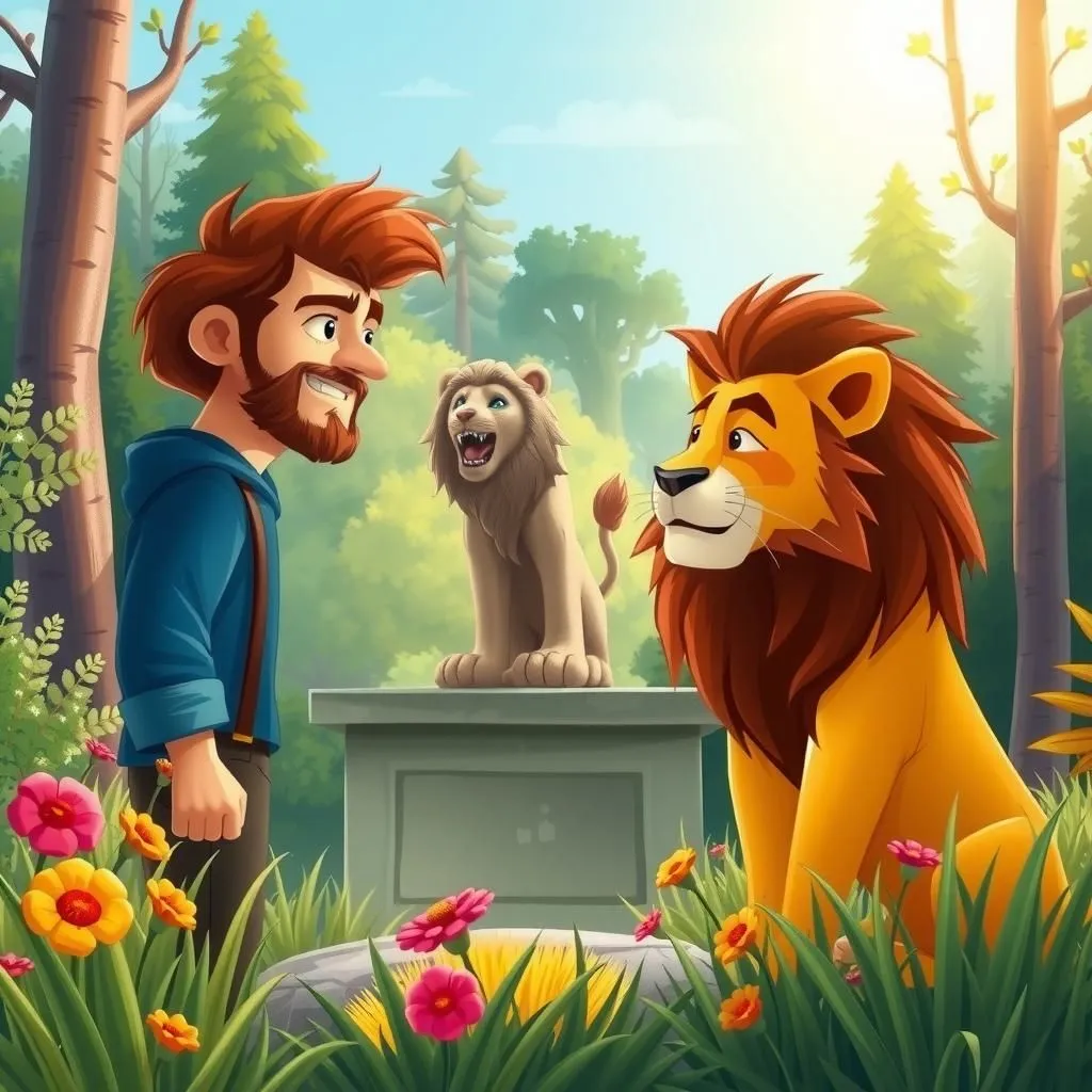 The Man and the Lion - Aesop's Fable illustration featuring Man and Lion