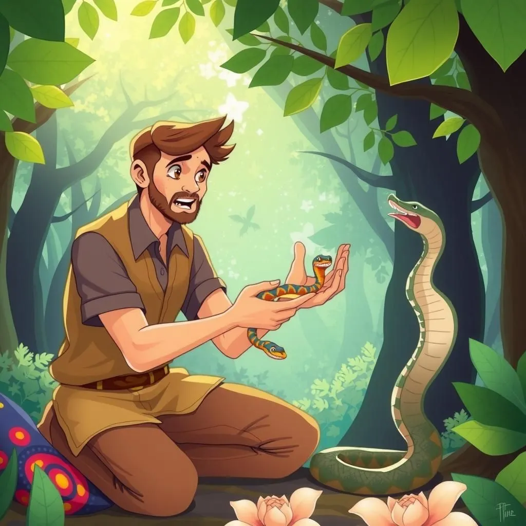 L'uomo e la vipera. - Aesop's Fable illustration featuring animal characters