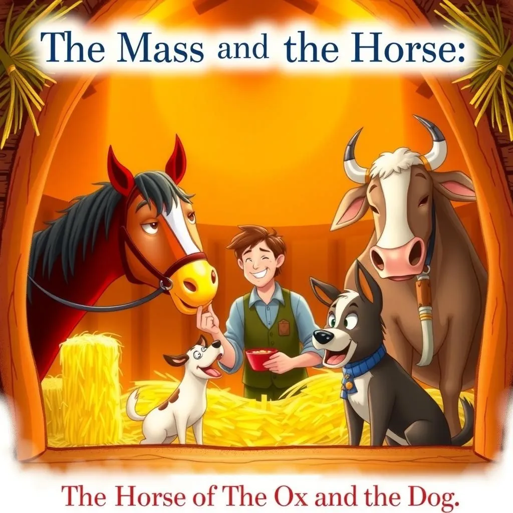 مرد، اسب، گاو و سگ - Aesop's Fable illustration about قدردانی، گذر زندگی، تأثیر همراهی