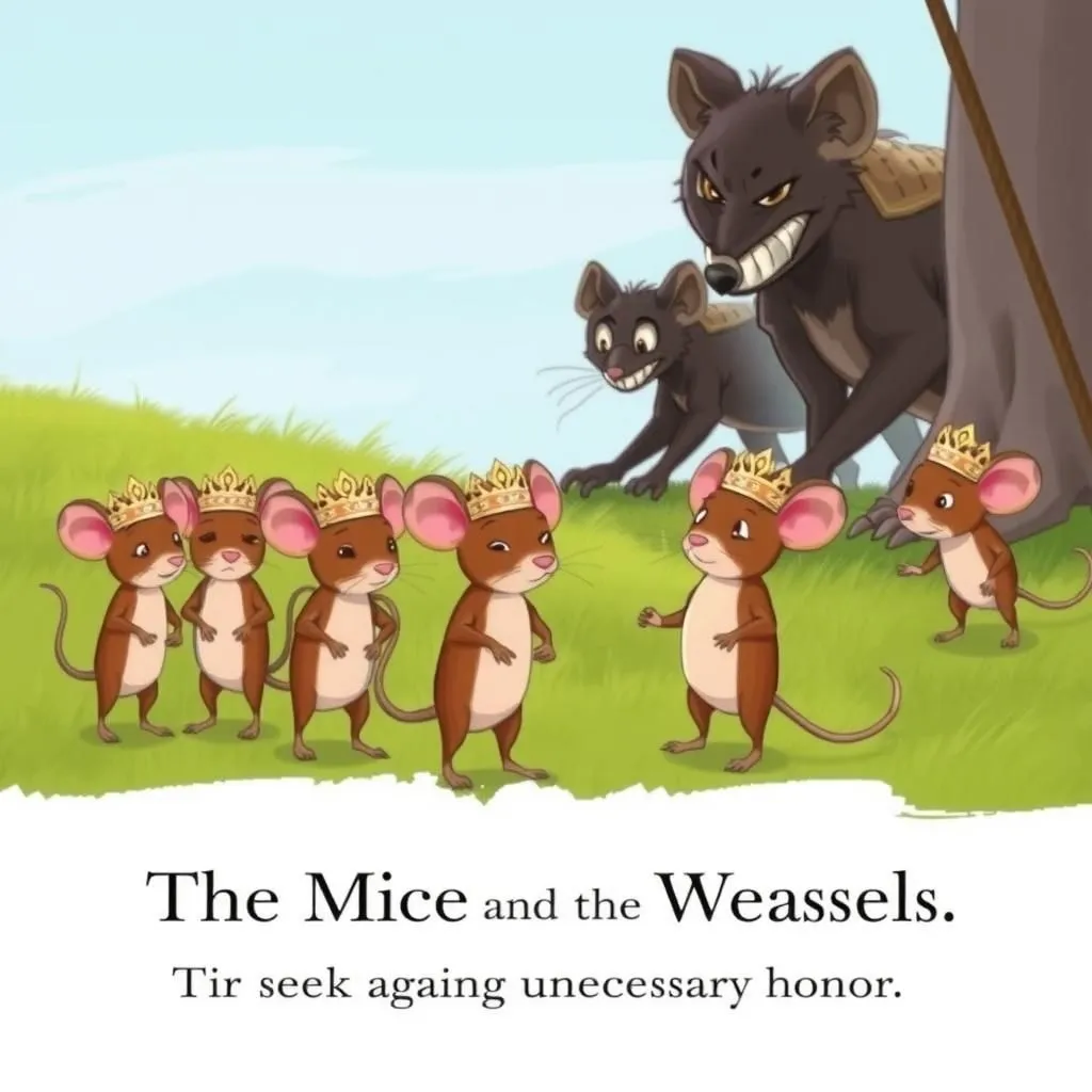 الفئران والعرسان. - Aesop's Fable illustration about القيادة، الشجاعة، عواقب الكبرياء