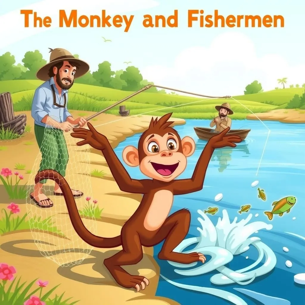 The Monkey and the Fishermen - Aesop's Fable illustration featuring Monkey and Fishermen