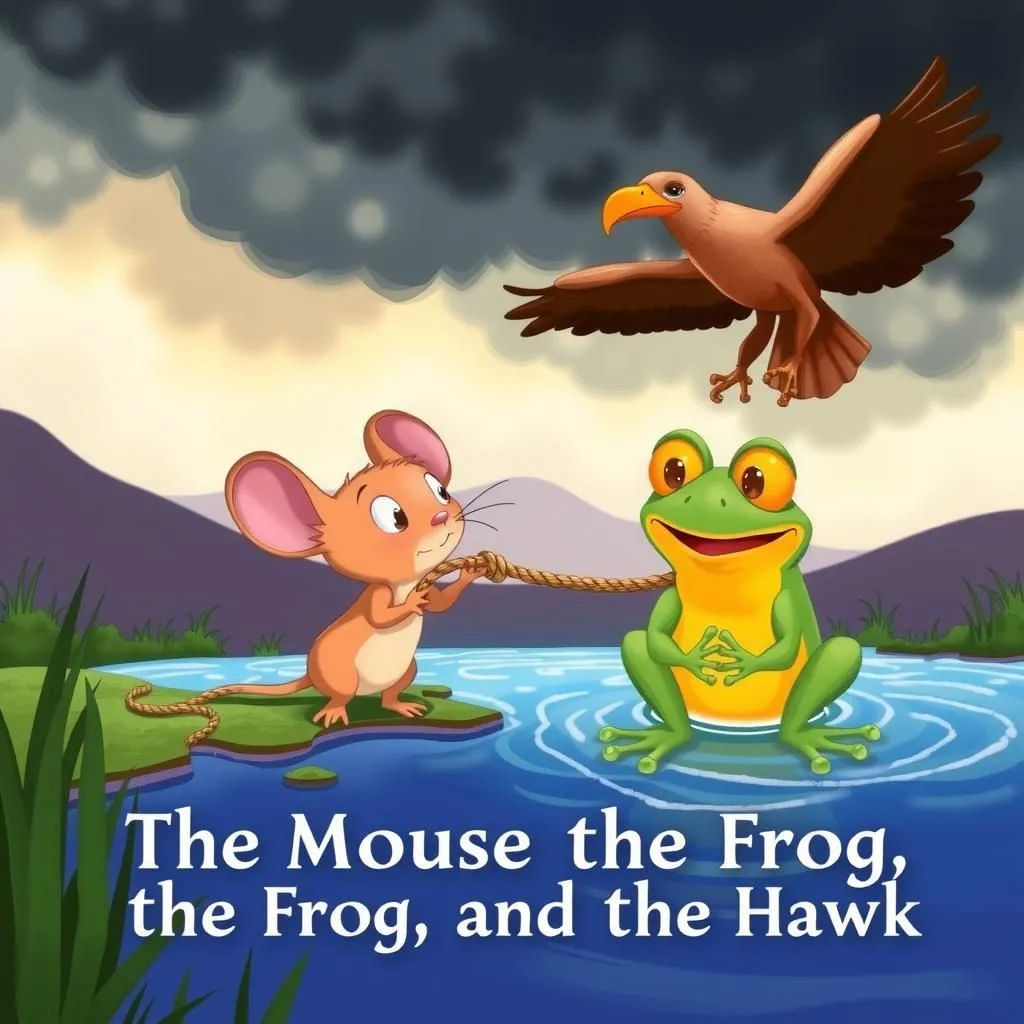 Il Topo, la Rana e il Falco. - Aesop's Fable illustration featuring Topo and Rana