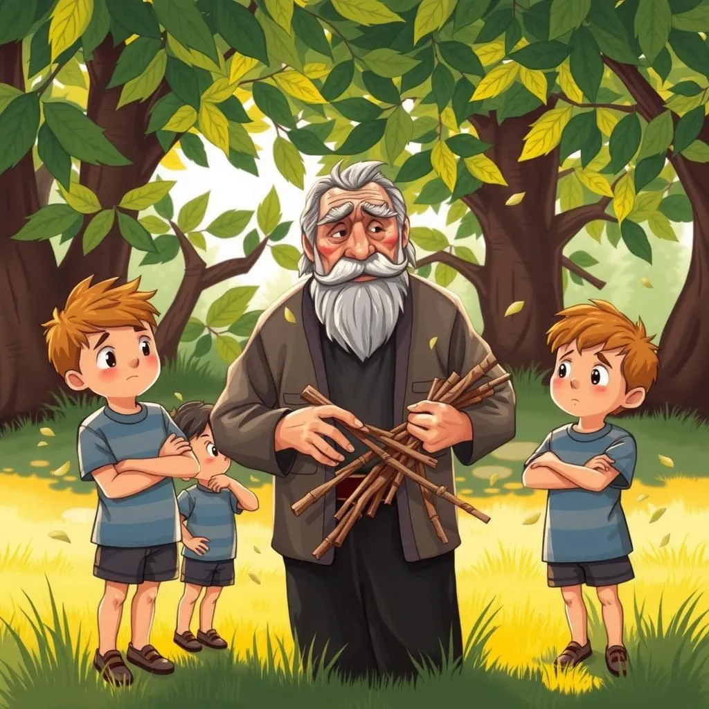 The Old Man and his Sons - Aesop's Fable illustration featuring Old Man and Sons