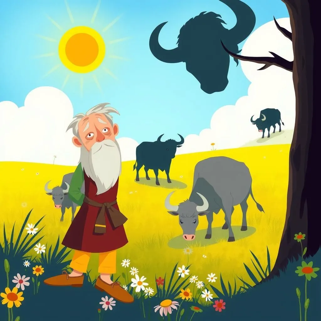 Il Vecchio e L'Asino. - Aesop's Fable illustration about Autoconservazione, Responsabilità, Conseguenze delle azioni