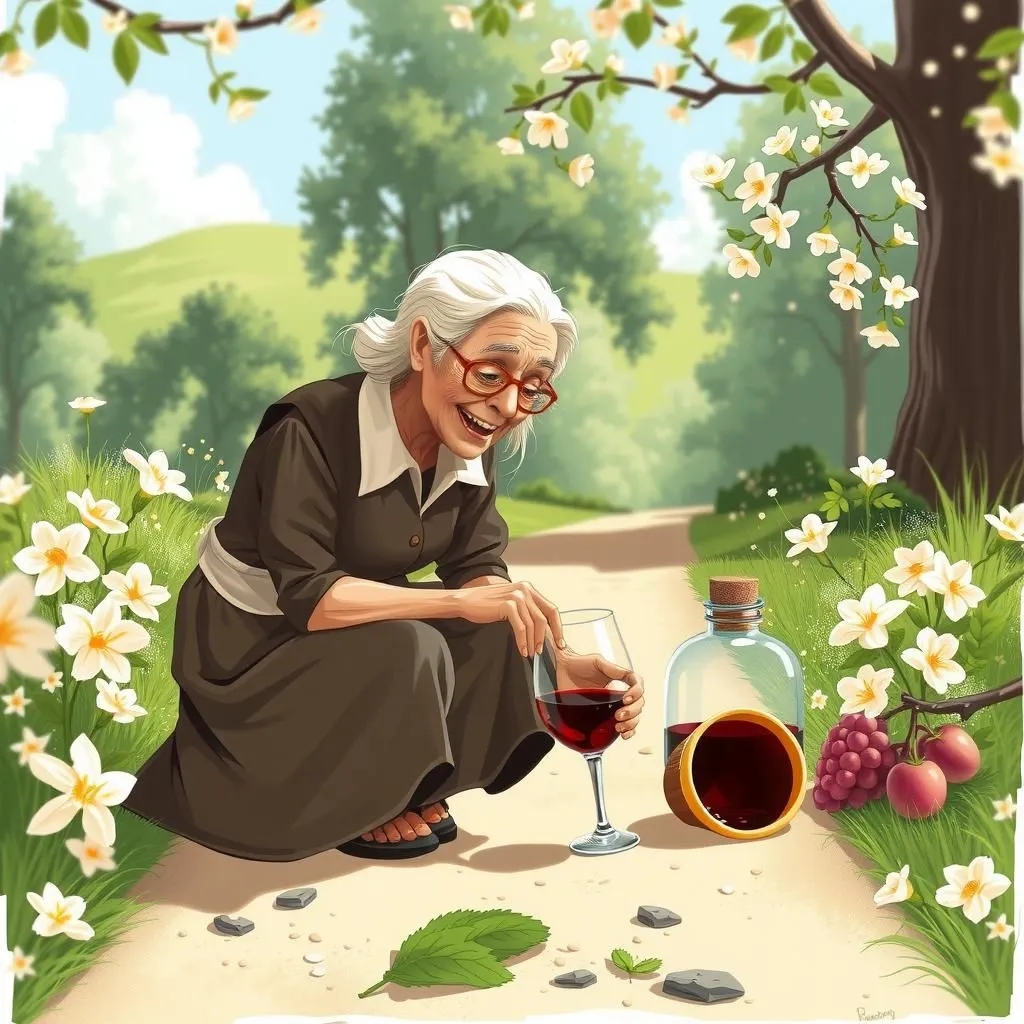 زن پیر و کوزه شراب - Aesop's Fable illustration about نوستالژی، گذر زمان، تلاش برای لذت.