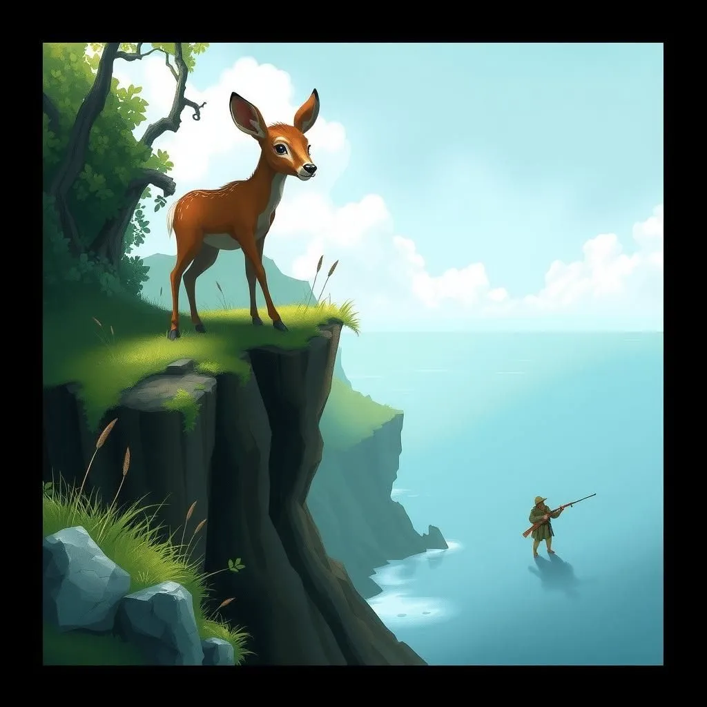 Ang Isang-Matang Usa. - Aesop's Fable illustration featuring Doe and mga mangangaso