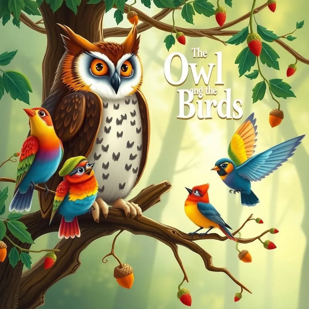 The Owl and the Birds - Aesop's Fable illustration featuring Owl and Birds