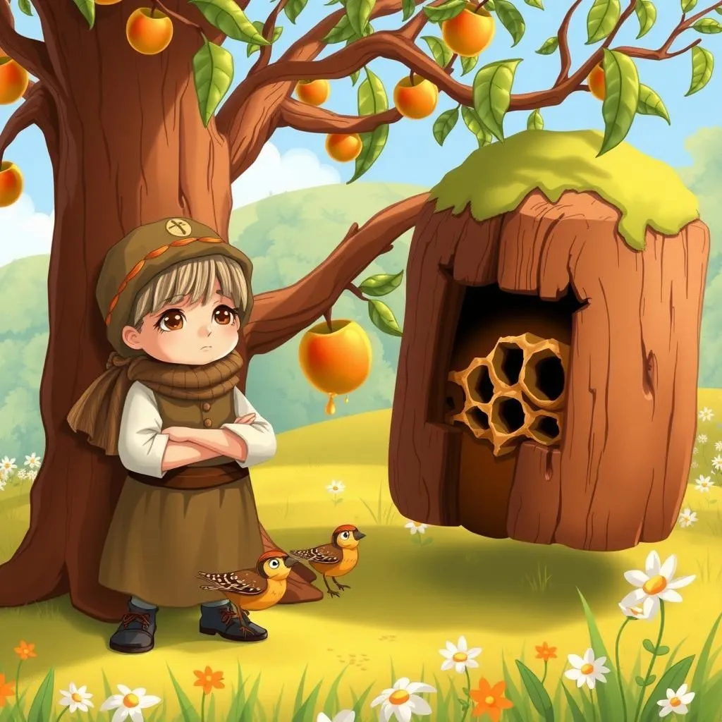 The Peasant and the Apple Tree - Aesop's Fable illustration about self-interest, the value of protection, unexpected rewards