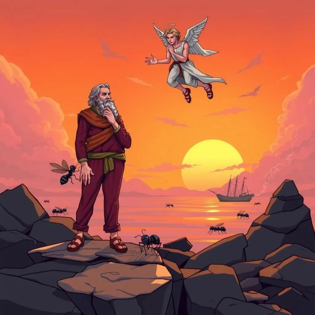 Il Filosofo, le Formiche e Mercurio - Aesop's Fable illustration featuring Filosofo and Formiche