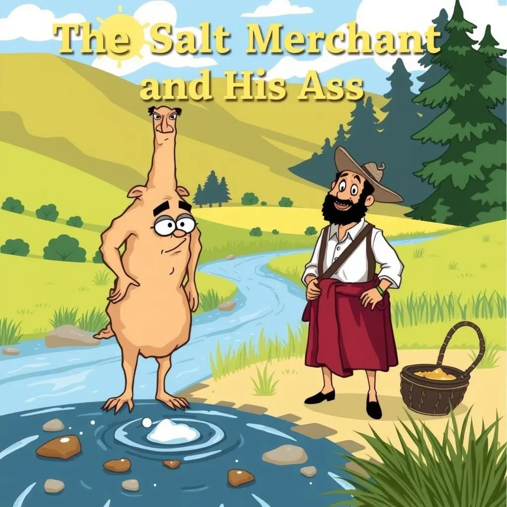 The Salt Merchant and His Ass - Aesop's Fable illustration featuring Peddler and Ass