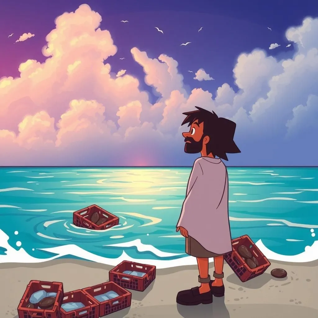 Il pastore e il mare. - Aesop's Fable illustration about ambizione, rischio, l'imprevedibilità della natura