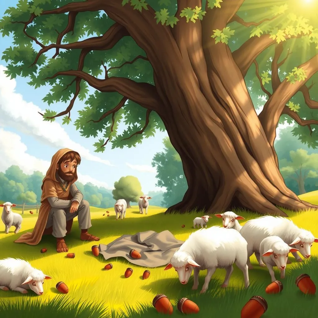 The Shepherd and the Sheep - Aesop's Fable illustration about ingratitude, selfishness, responsibility