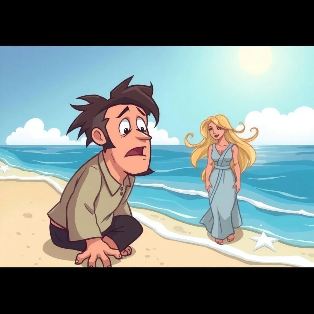 The Shipwrecked Man and the Sea - Aesop's Fable illustration featuring Shipwrecked Man and Sea (in the form of a woman)