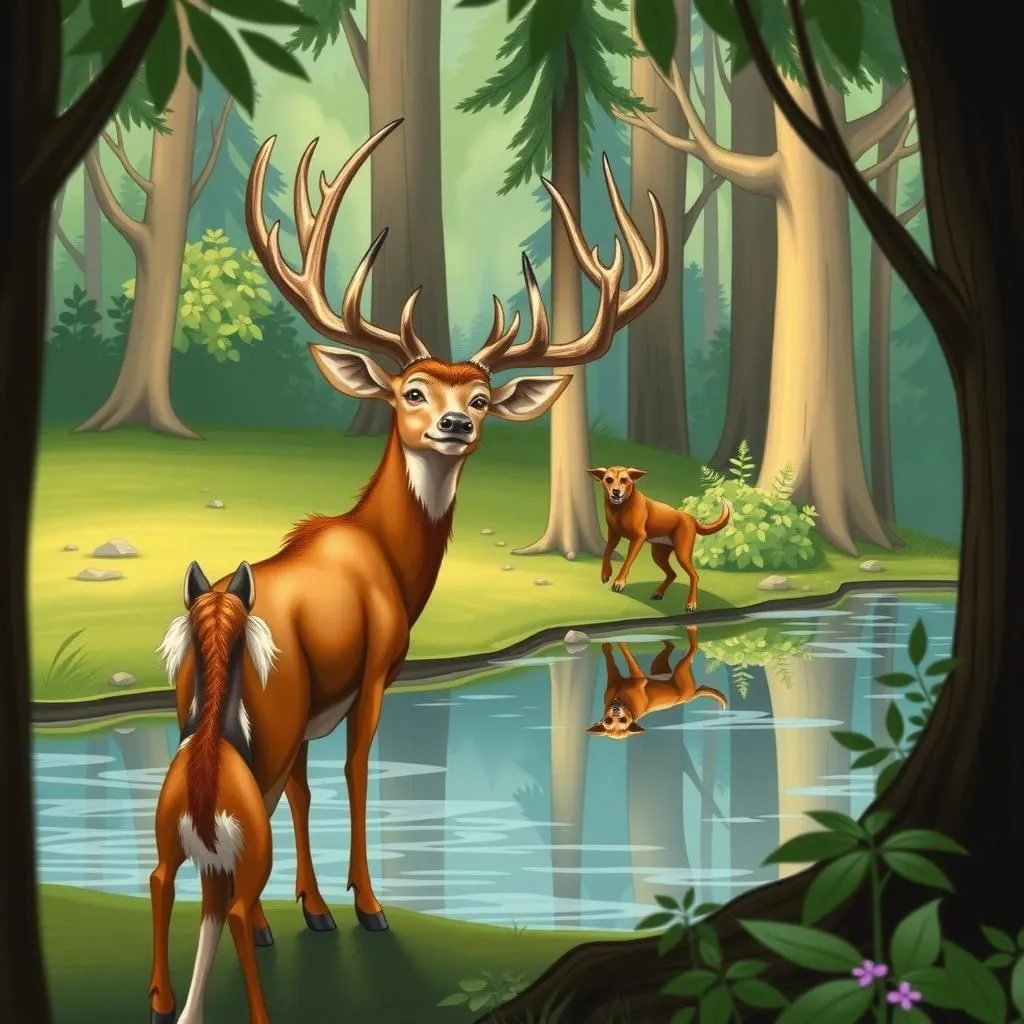 The Stag who Admired his Reflection - Aesop's Fable illustration about vanity, self-acceptance, the conflict between beauty and utility