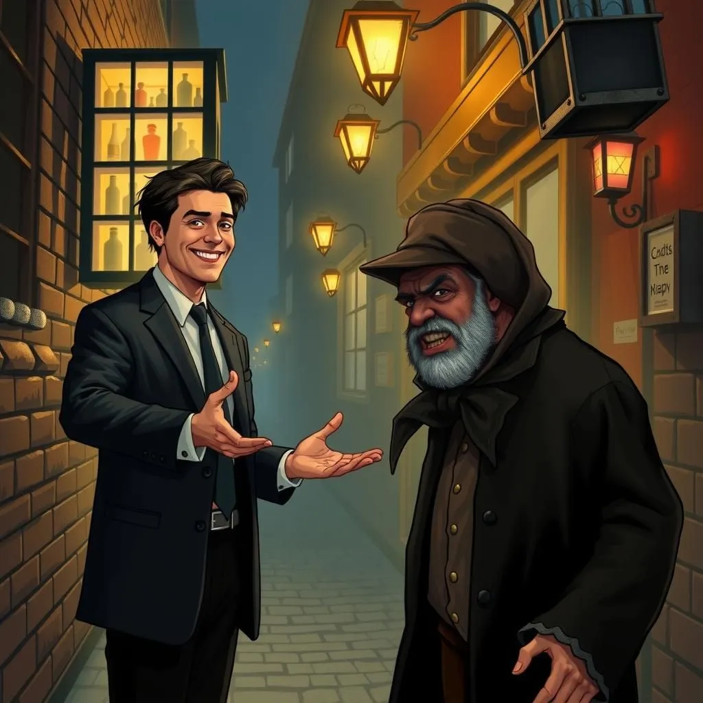 Ang Kinuhang Kamay. - Aesop's Fable illustration featuring Matagumpay na Negosyante and Magnanakaw