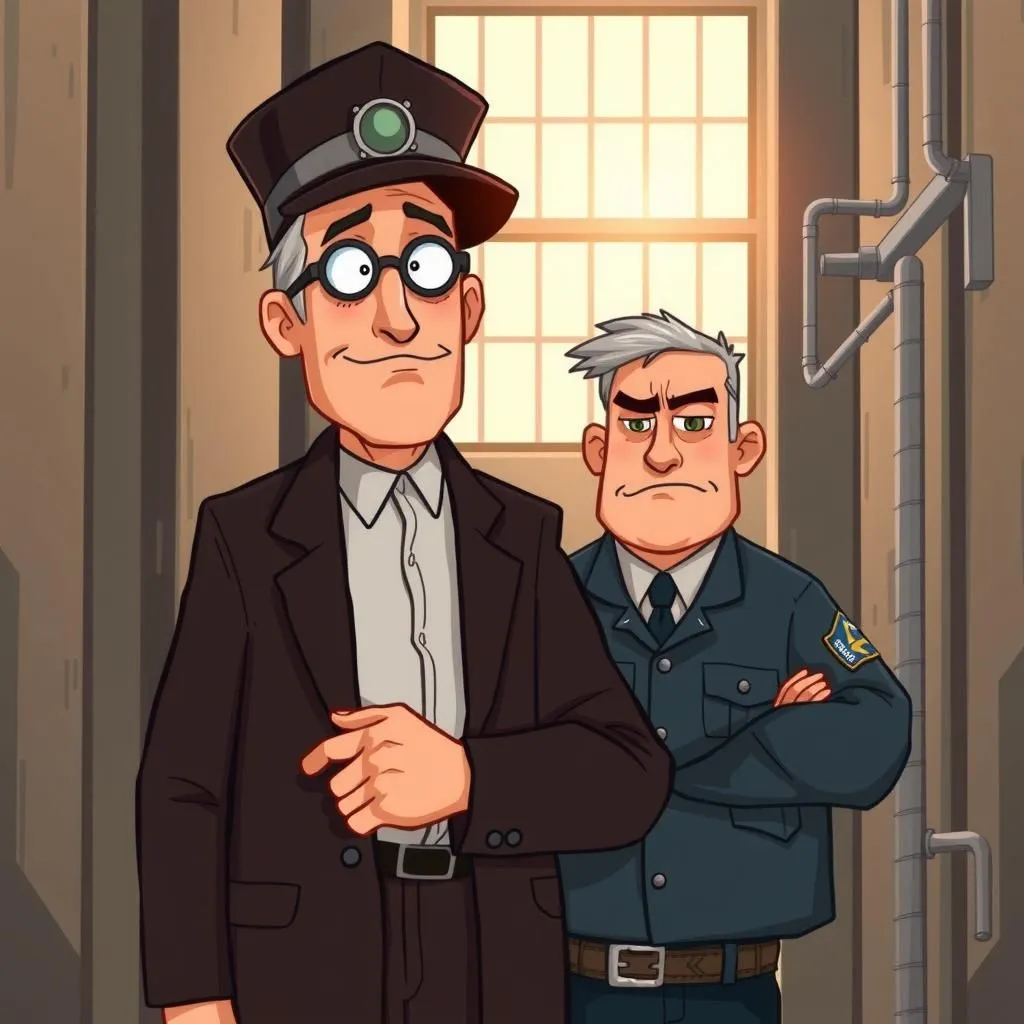 ఆలోచనాత్మక జైలర్. - Aesop's Fable illustration featuring వార్డెన్ and మెకానిక్