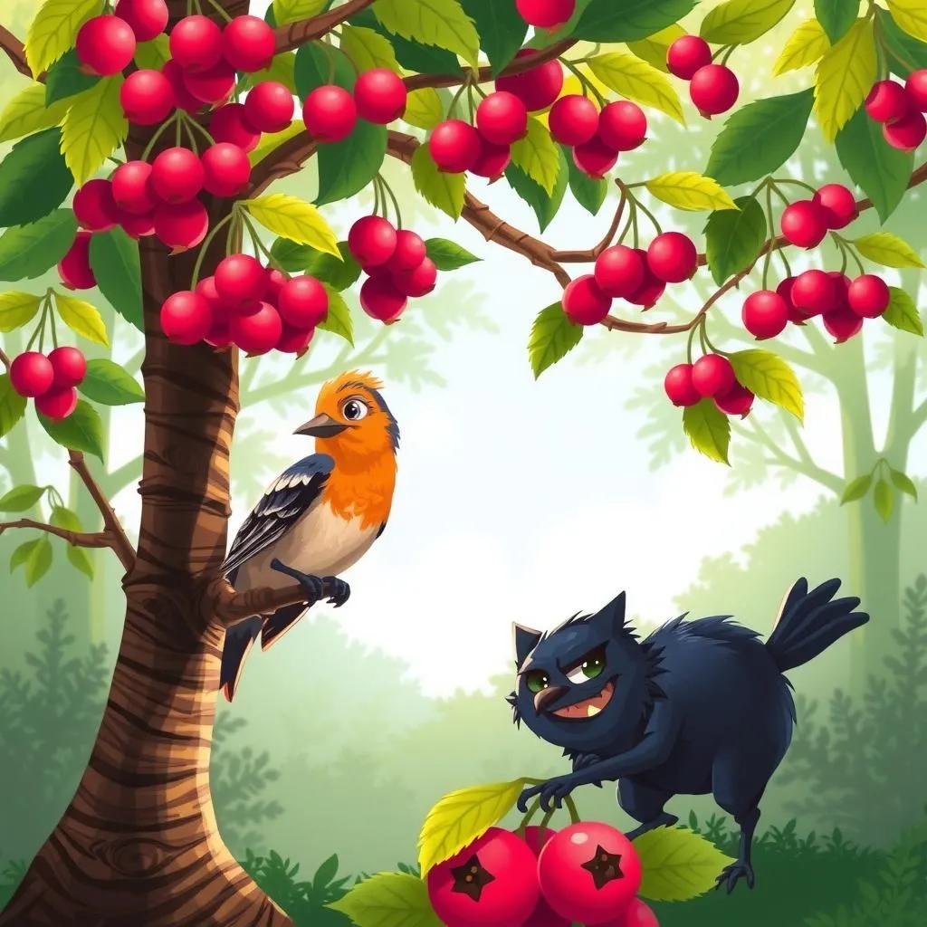 త్రష్ మరియు ఫౌలర్ - Aesop's Fable illustration about అతిగా తినడం, విచారం, ఎంపికల పరిణామాలు