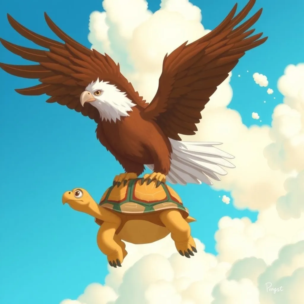 السلحفاة والنسر. - Aesop's Fable illustration about الطموح، العواقب، القبول