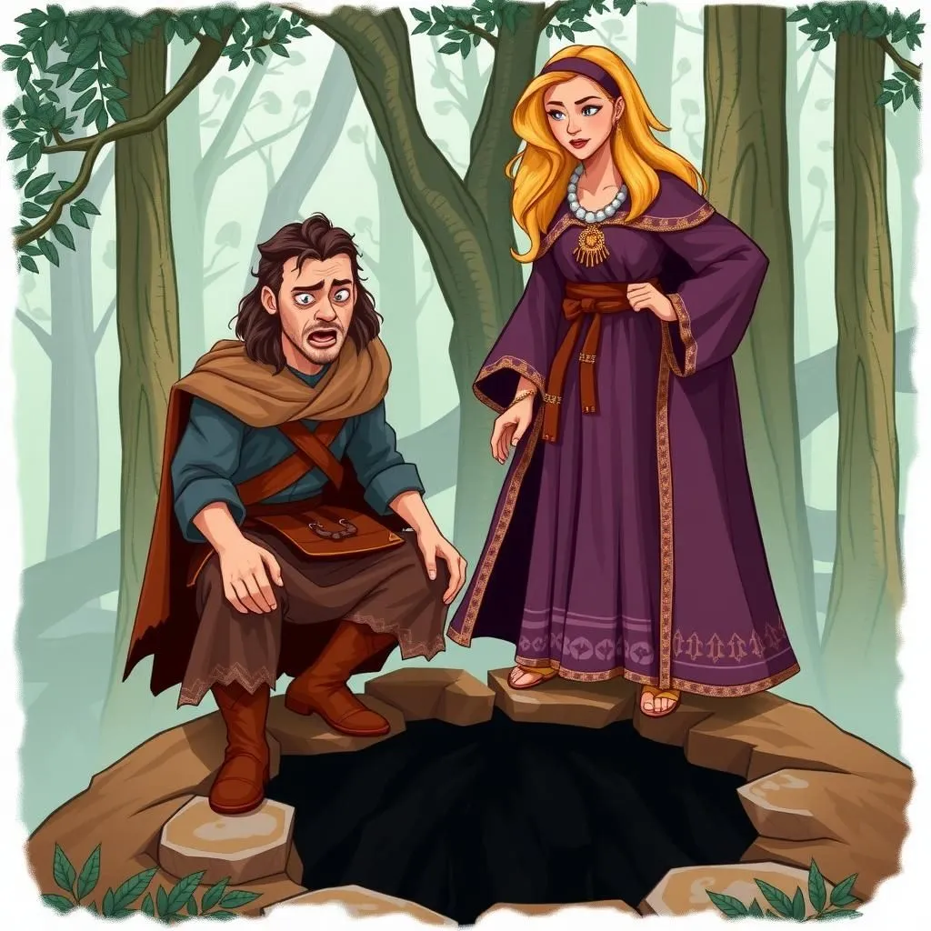 Ang Manlalakbay at Kapalaran. - Aesop's Fable illustration about responsibilidad, kapalaran, kamalayan sa sarili.