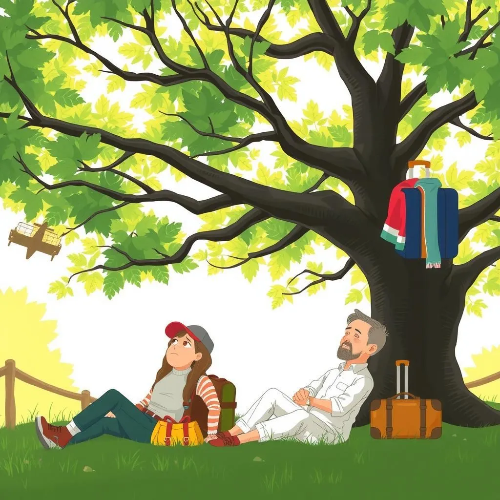 Мандрівники і платан. - Aesop's Fable illustration about вдячність, вдячність, сприйняття цінності