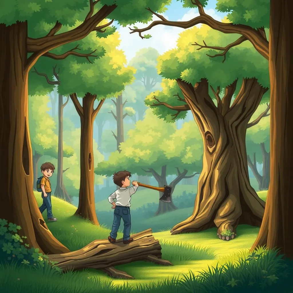 Gli alberi e l'ascia. - Aesop's Fable illustration about tradimento, conseguenze delle azioni, perdita della comunità