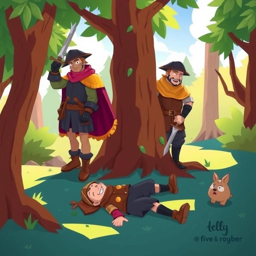 Ang Dalawang Sundalo at ang Tulisan. - Aesop's Fable illustration featuring Dalawang Sundalo and Magnanakaw