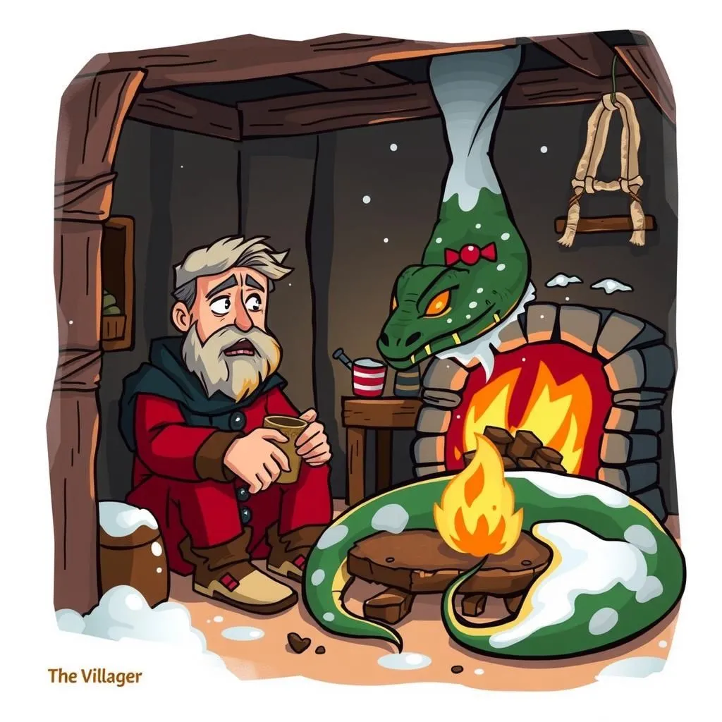 Il Villico e il Serpente. - Aesop's Fable illustration featuring Villico and Serpente