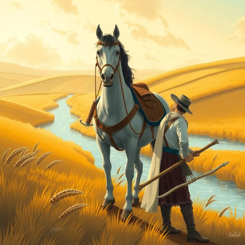 Il cavallo da guerra e il mugnaio. - Aesop's Fable illustration featuring animal characters