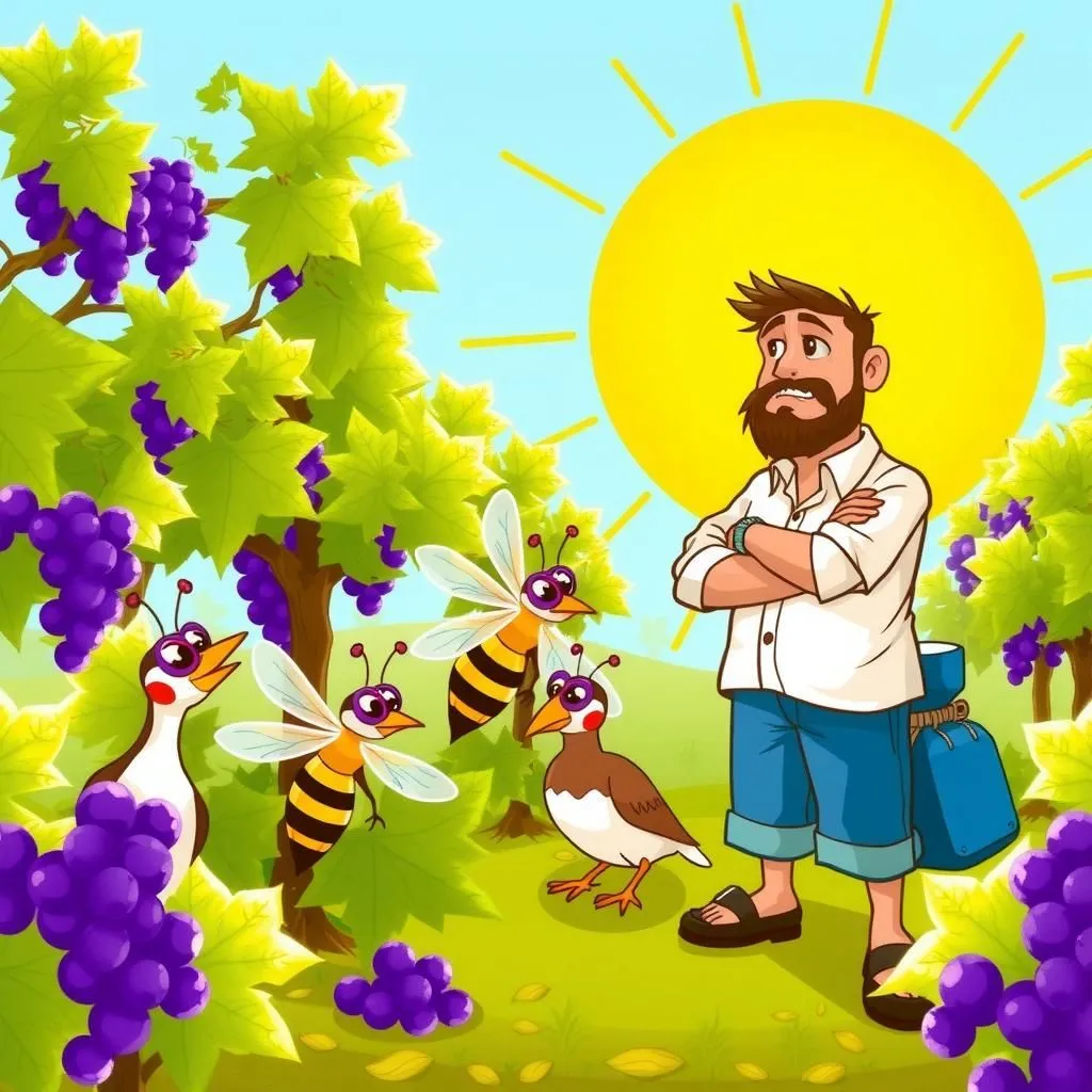 زنبورها، کبکها و کشاورز - Aesop's Fable illustration about خودکفایی، عملی بودن، وعدههای محقق نشده