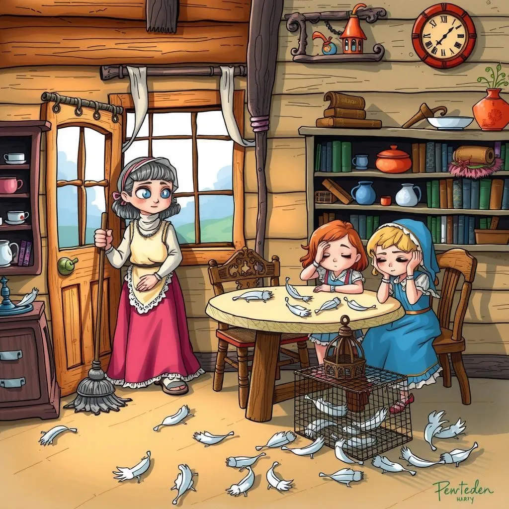 వితంతువు మరియు ఆమె చిన్న సేవకురాళ్ళు - Aesop's Fable illustration featuring వితంతువు and చిన్న ఆడపిల్లలు