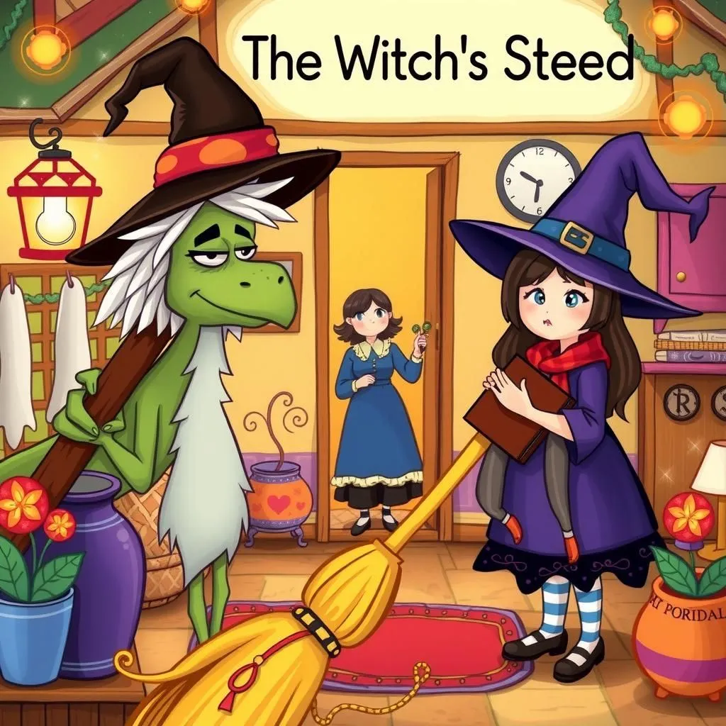 The Witch's Steed - Aesop's Fable illustration featuring Broomstick and Witch