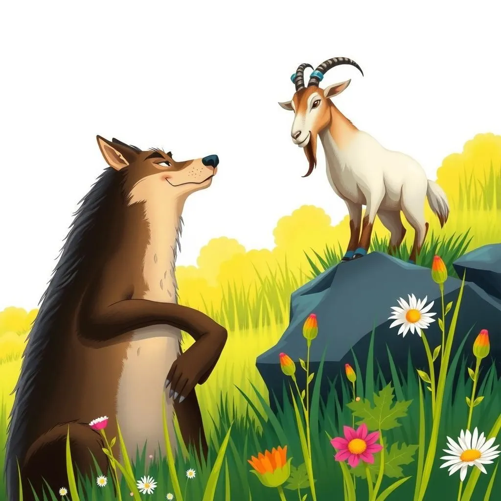 Il lupo e la capra che pascola. - Aesop's Fable illustration featuring Lupo and Capra