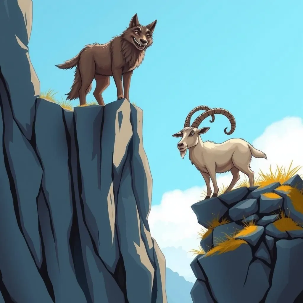 The Wolf and the Goat - Aesop's Fable illustration about deceit, self-preservation, wisdom