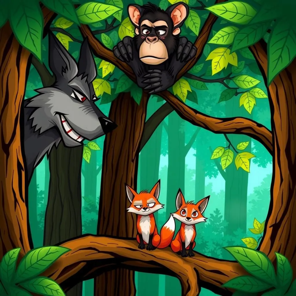 Ang Lobo, ang Soro, at ang Unggoy. - Aesop's Fable illustration featuring Lobo and Soro