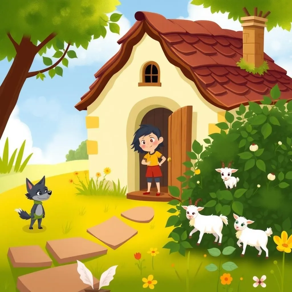 The Wolf, the Nanny-Goat, and The Kid - Aesop's Fable illustration featuring Nanny-goat and Kid