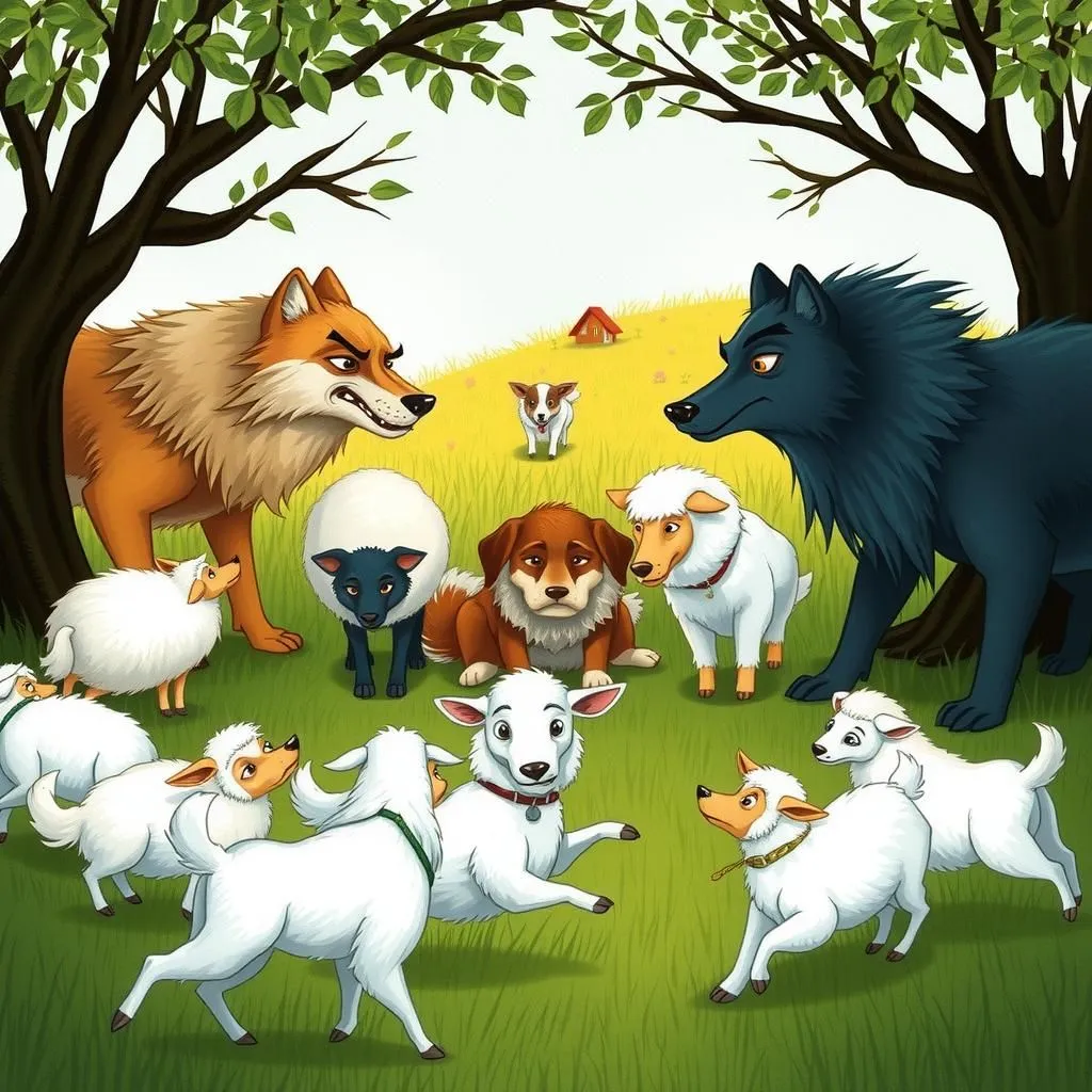 The Wolves and the Dogs - Aesop's Fable illustration featuring Wolves and Sheep