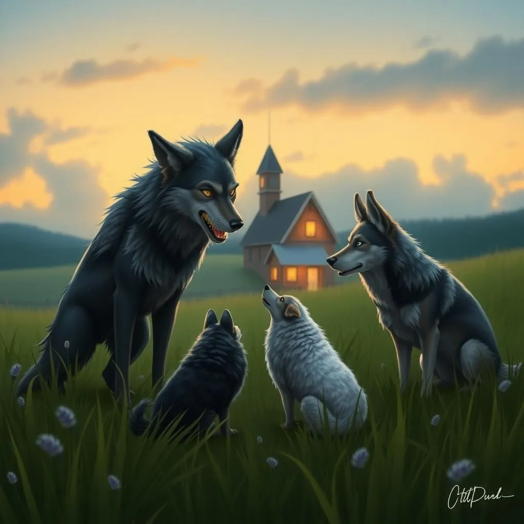 Ang mga Lobo at ang mga Tupa na Aso - Aesop's Fable illustration featuring Mga Lobo and Mga Asong Pastol